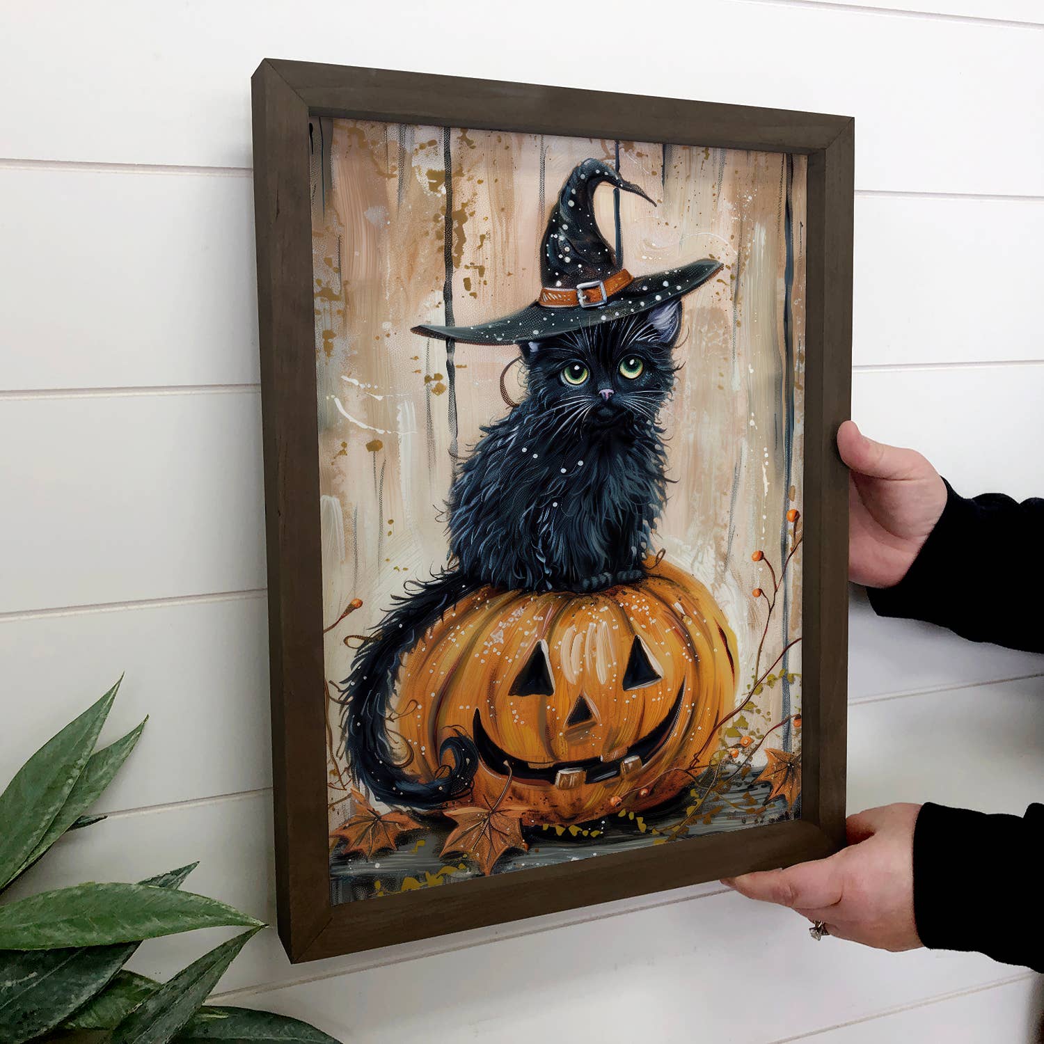 Black Cat Witch Hat Pumpkin - Halloween Canvas Art - Framed