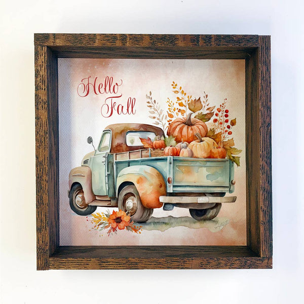 Hello Fall Vintage Truck - Seasonal Home Decor Wood Sign