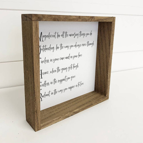 MOTHER Acrostic Poem Wood Frame Sign - Mother's Day Gift