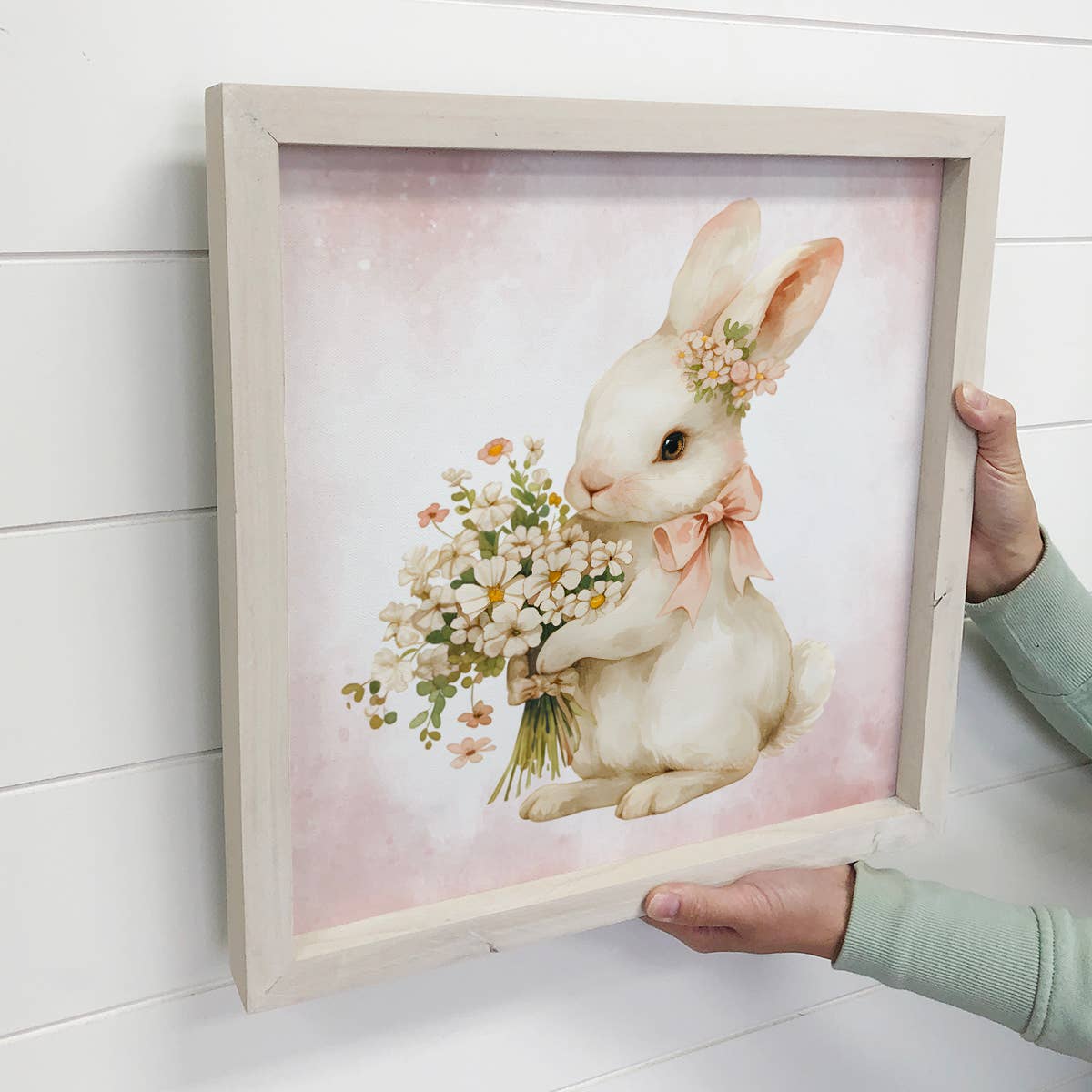 Easter Bunny Pink Bow and Flowers - Easter Canvas Wall Art