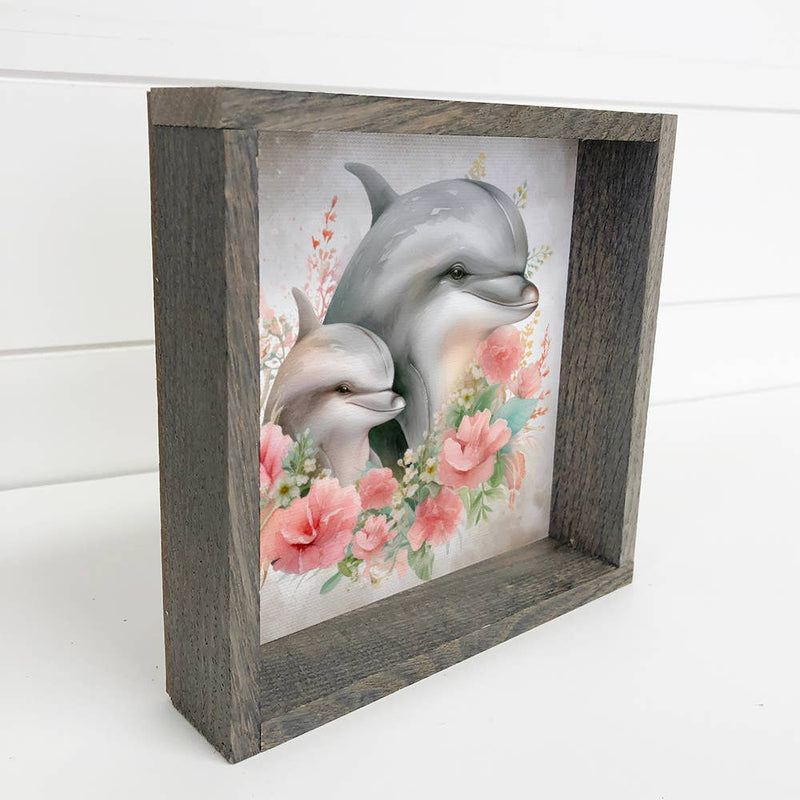 Mother Baby Dolphin Watercolor - Dolphin Canvas Art - Framed