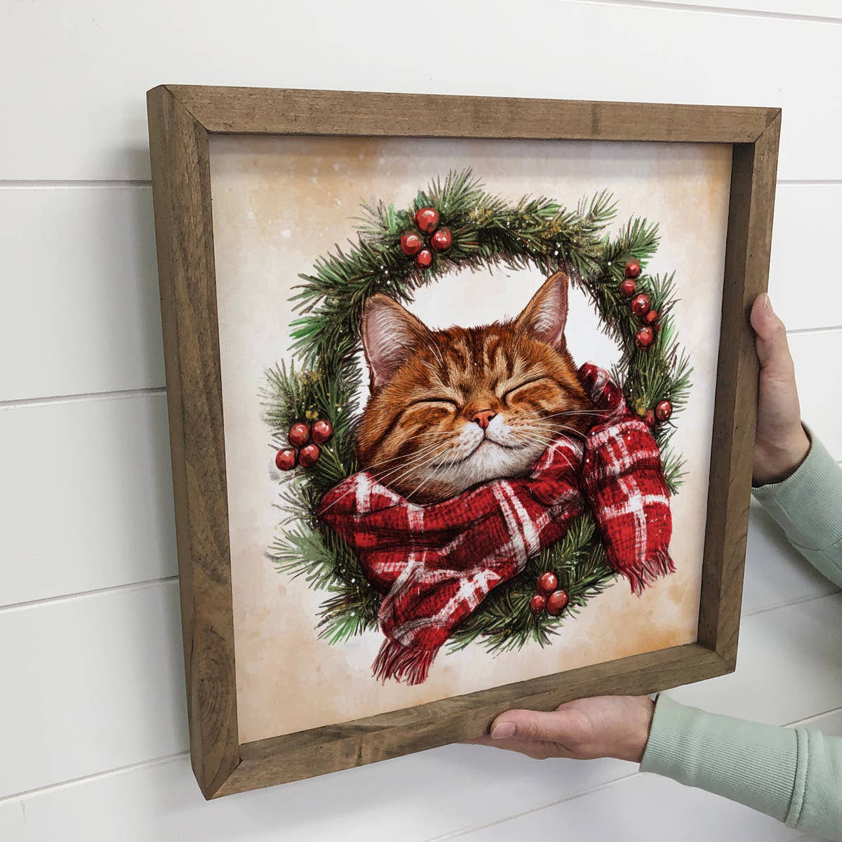 Cozy Cat Christmas Wreath - Christmas Cat Canvas Art