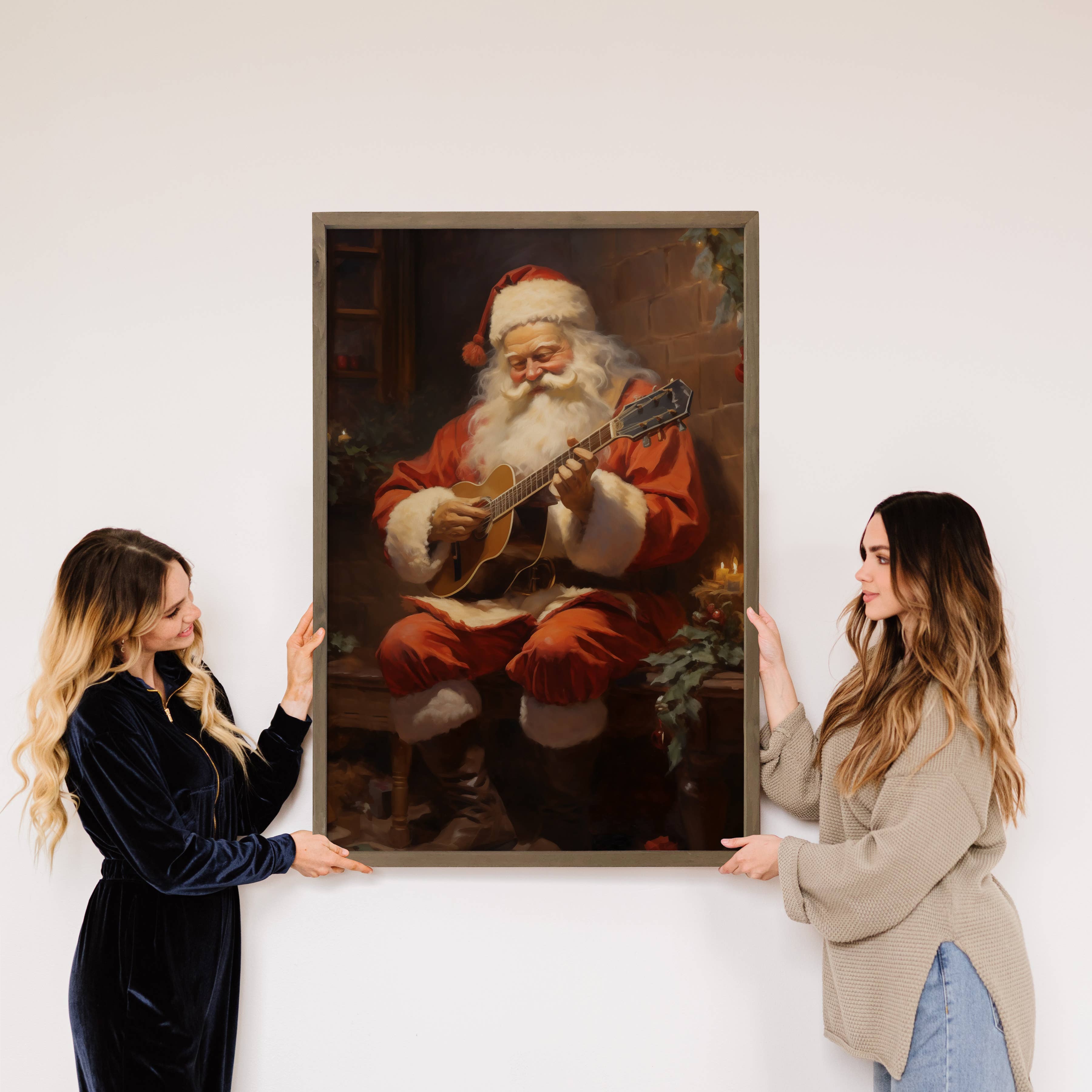 Santa Playing Guitar Painting - Christmas Canvas Art - Frame