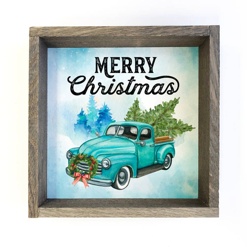 Merry Christmas Blue Truck - Framed Holiday Sign - Old Truck