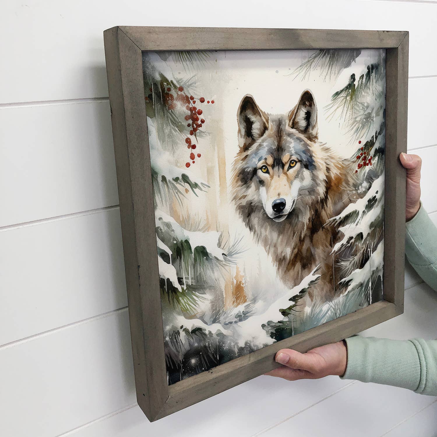 Winter Watercolor Wolf in Pines - Wolf Canvas Art - Framed