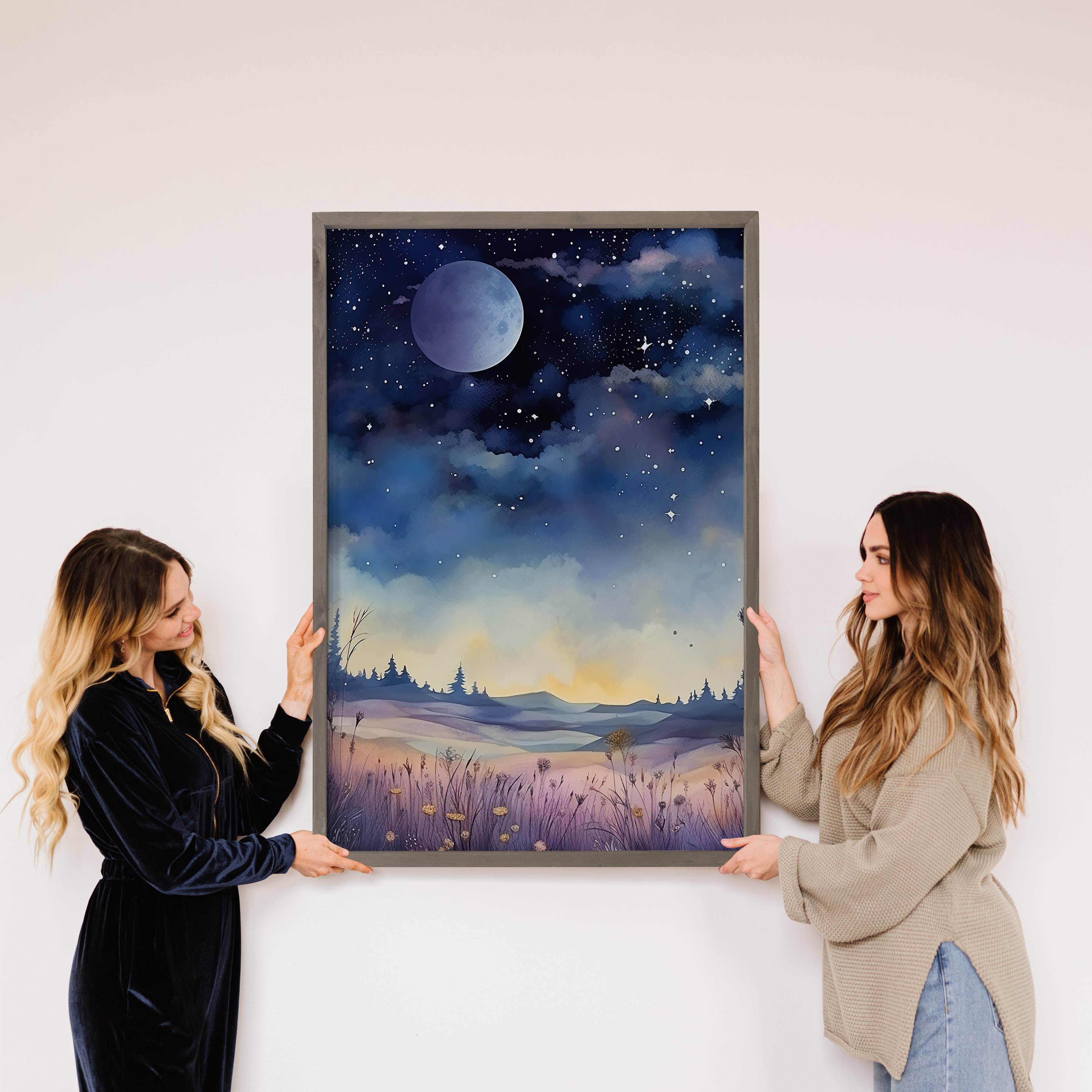 Moonlight Calm Night - Landscape Canvas Art - Wood Framed