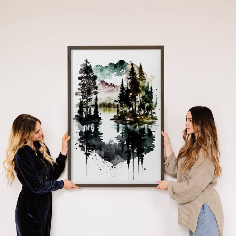 Lake Tahoe Black Ink Painting - Lake Canvas Art - Wood Frame