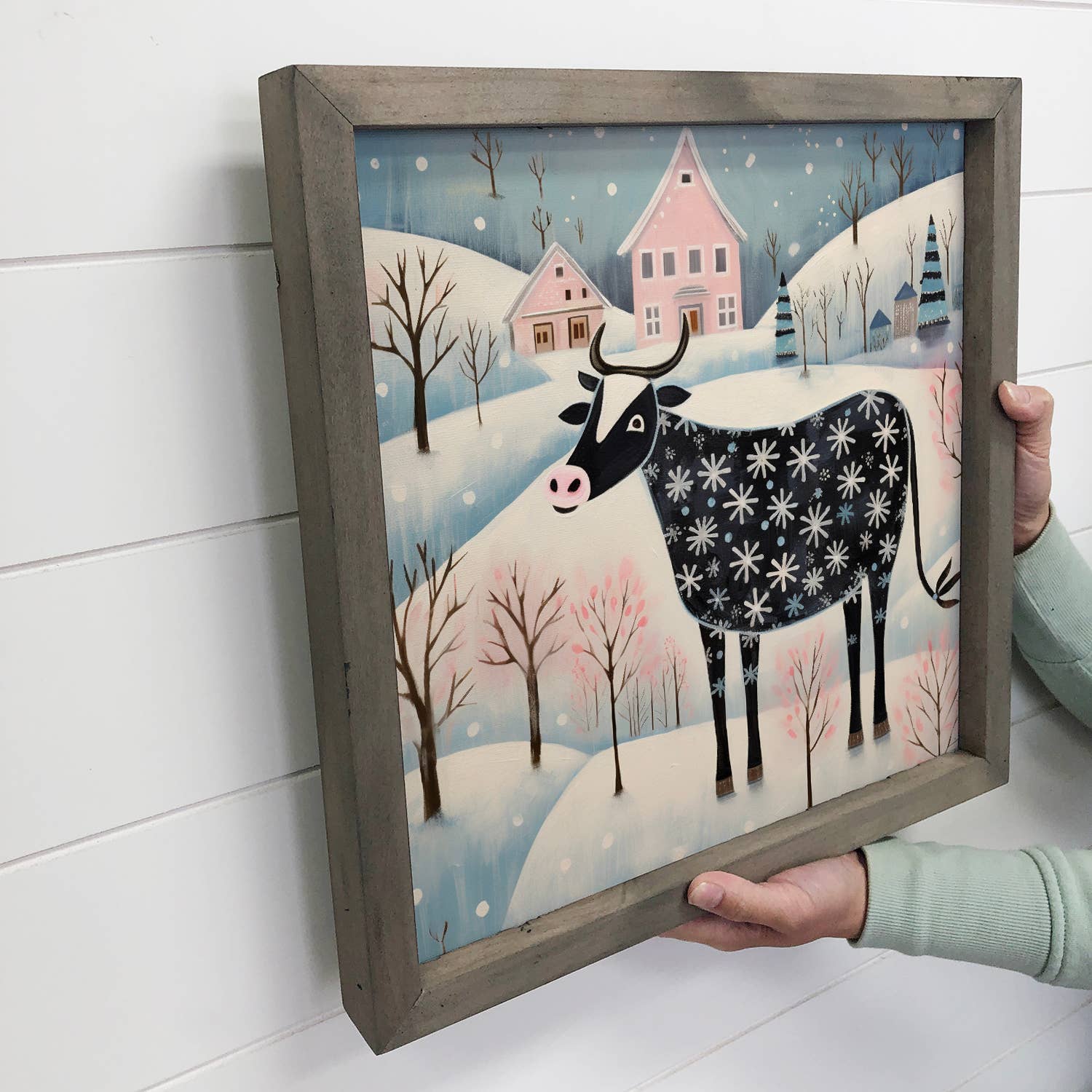 Whimsy Christmas Cow - Christmas Canvas Art - Wood Framed