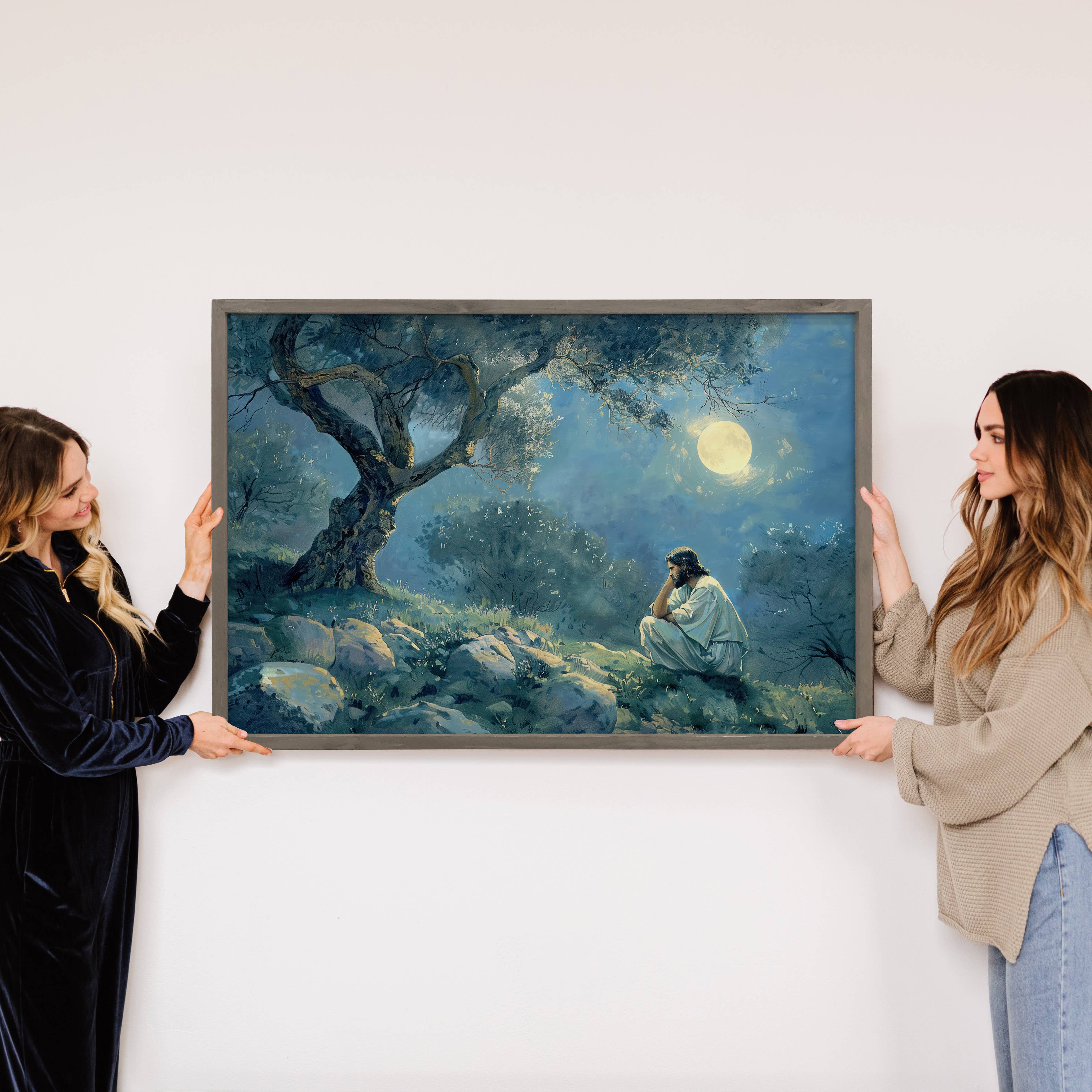 Jesus in Gethsemane Moonlight - Jesus Canvas Art - Framed