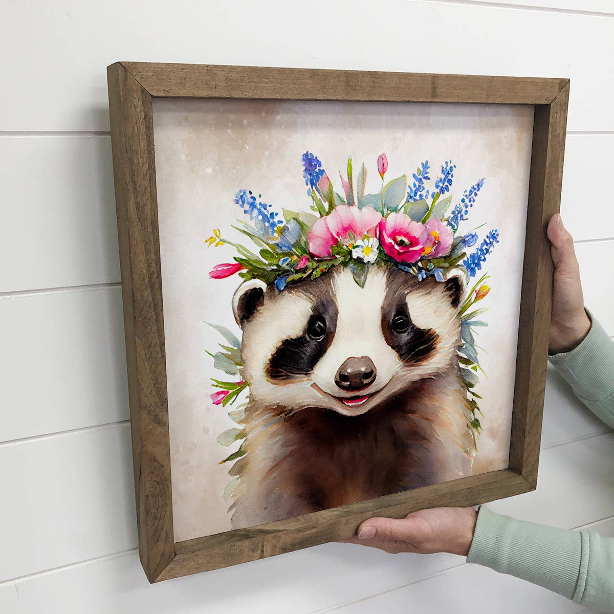 Cute Flower Badger - Nursery Art  with Rustic Wood Frame