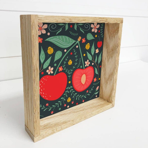 Folk Art Cherry - Cute Cherry Canvas Art - Wood Framed