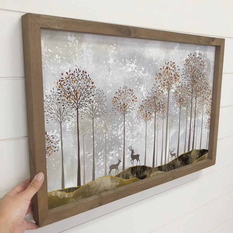 Deer in Forest Silhouettes - Framed Nature Art- Cabin Decor