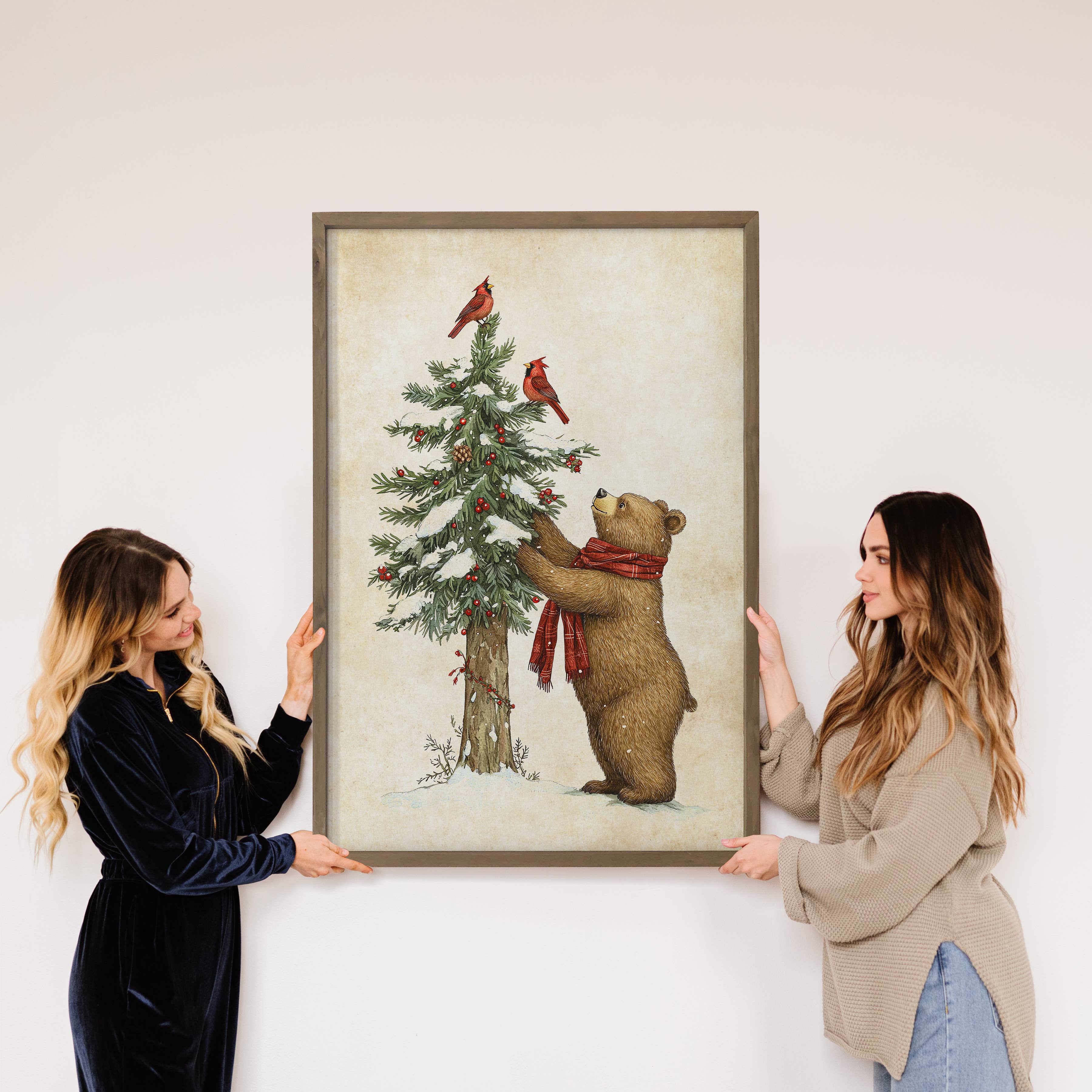 Bear Cardinals Christmas Tree - Animal Holiday Canvas Art