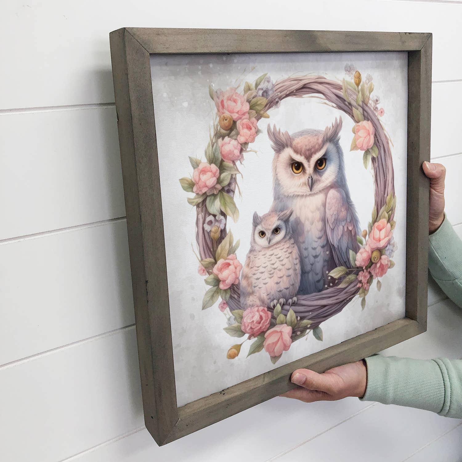 Mother Baby Owl Watercolor - Owl Canvas Art - Wood Framed