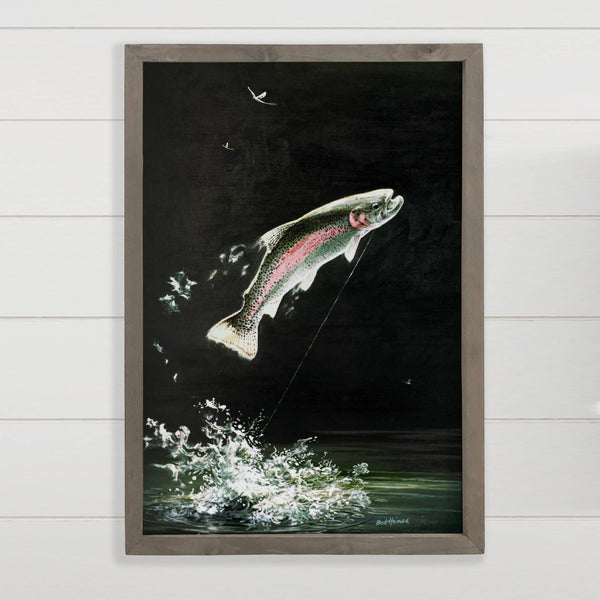 Jumping Trout - Fish Canvas Art - Wood Framed Wall Art