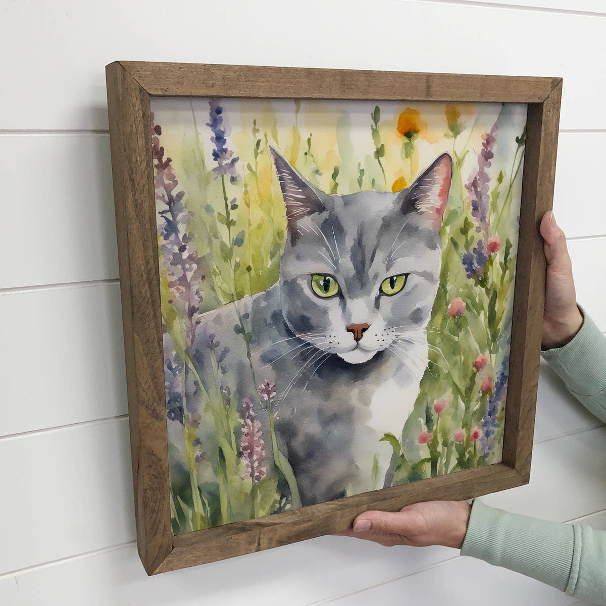 Wildflower Gray Cat - Springtime Cat Canvas Art - Wood Frame