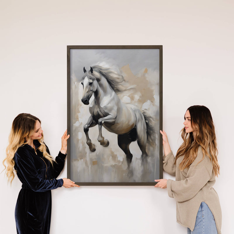 Gray Equestrian Horse Painting - Animal Canvas Art - Framed