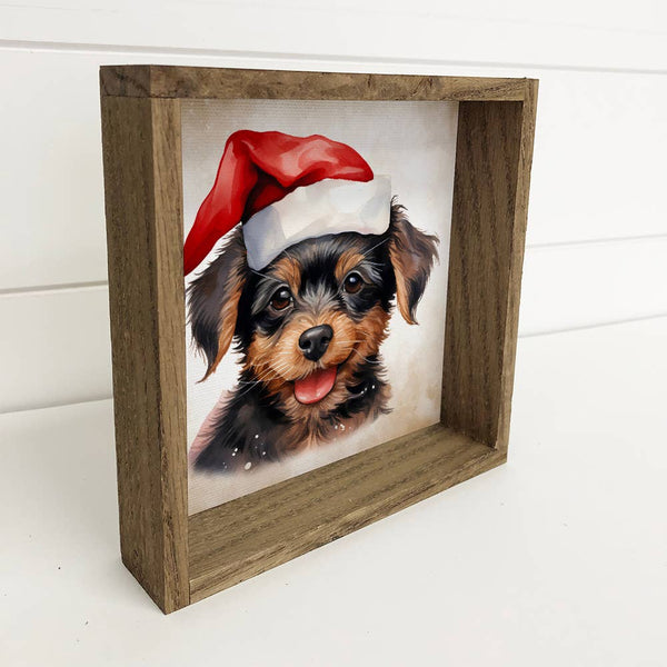 Yorkie Mix Puppy Santa Hat - Cute Framed Holiday Animal Art