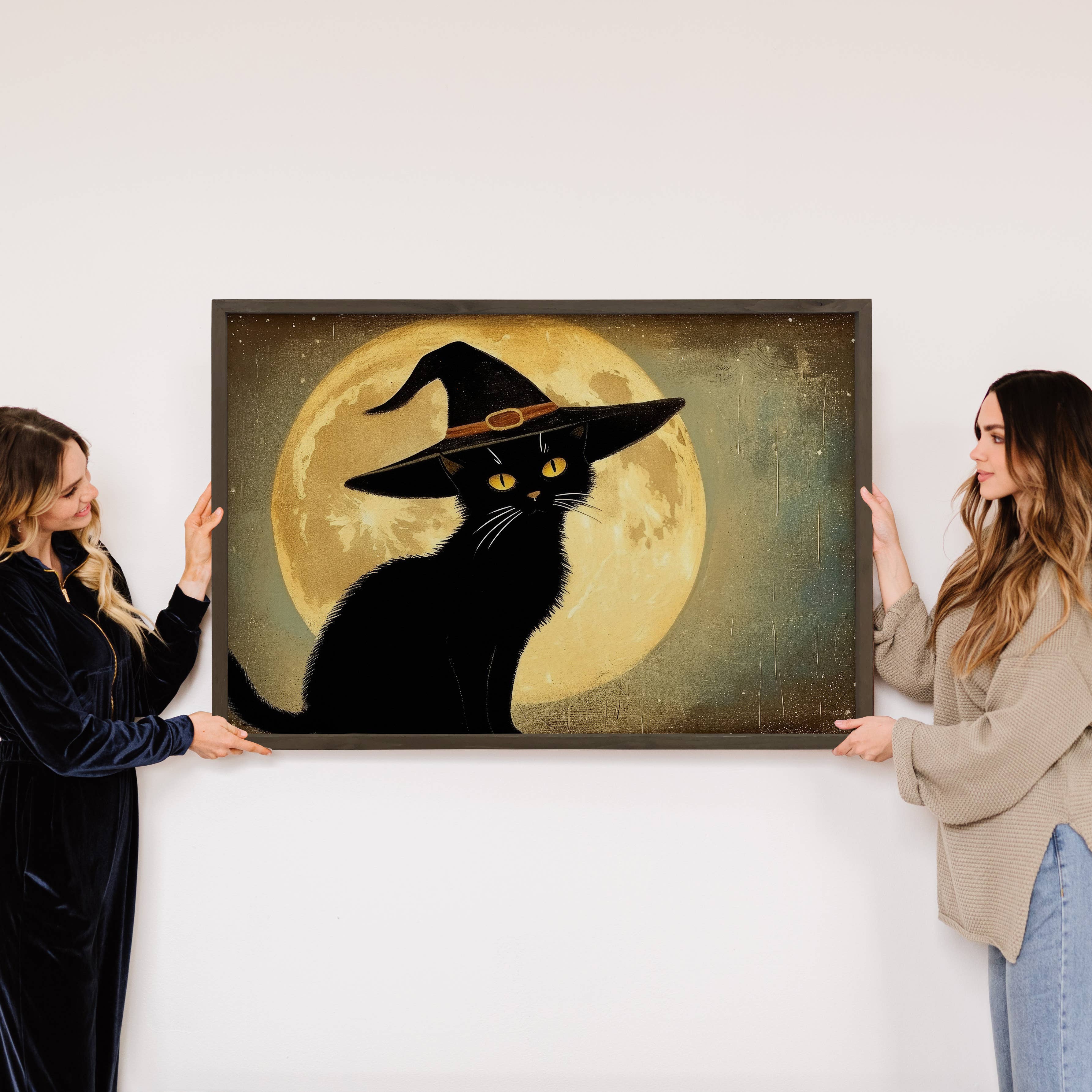 Black Cat and a Full Moon - Halloween Canvas Art - Framed