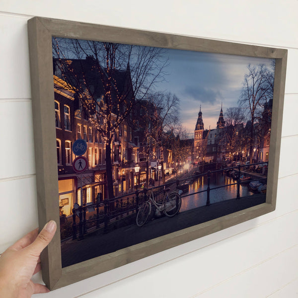 Amsterdam Evening - Big City Canvas Wall Art - Wood Framed