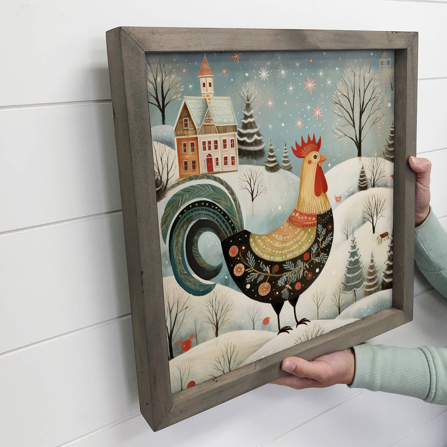 Whimsy Christmas Chicken - Christmas Canvas Art - Wood Frame