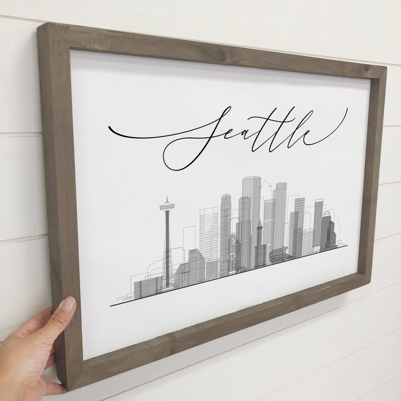 Customized City Wall Art - Modern Skyline Seattle - Framed