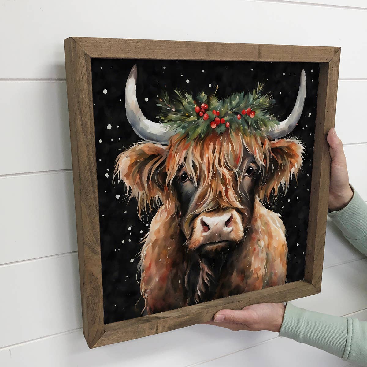 Highland Cow Christmas Black Background - Holiday Animal Art