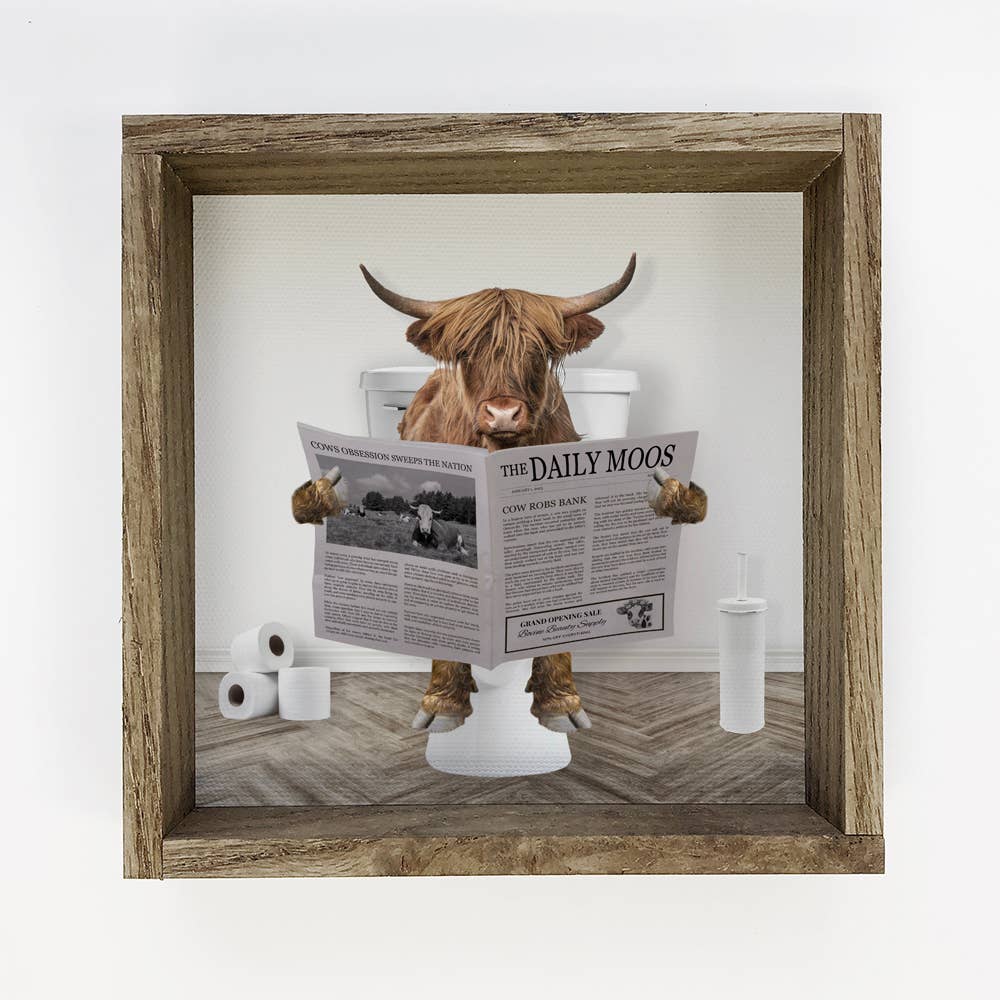 Highland Cow on Toilet Wood Frame Sign - Funny Bathroom Art