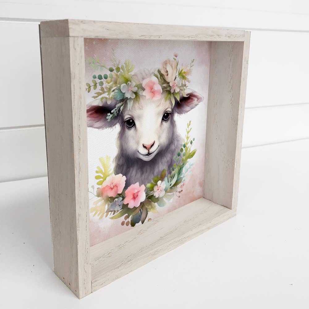 Springtime Flower Lamb - Cute Lamb Canvas Art - Wood Framed