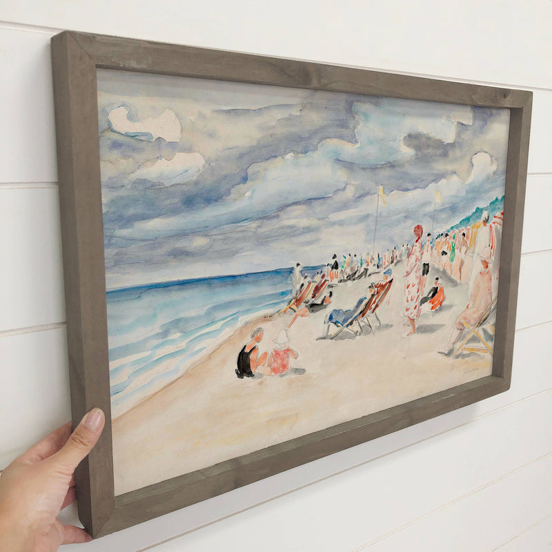 Beachgoers - Sandy Beach Canvas Art - Wood Framed Nature Art