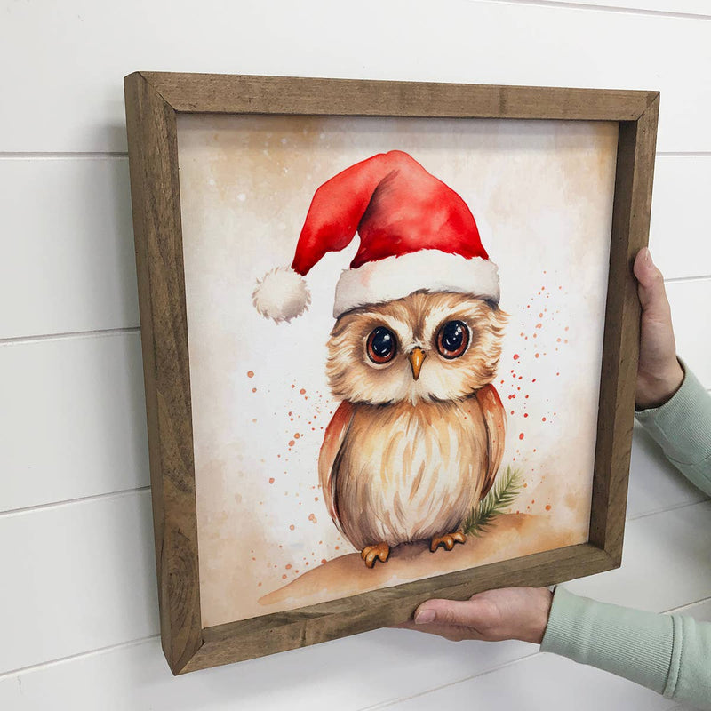Owl Santa Hat - Cute Holiday Animal Canvas Art - Wood Framed