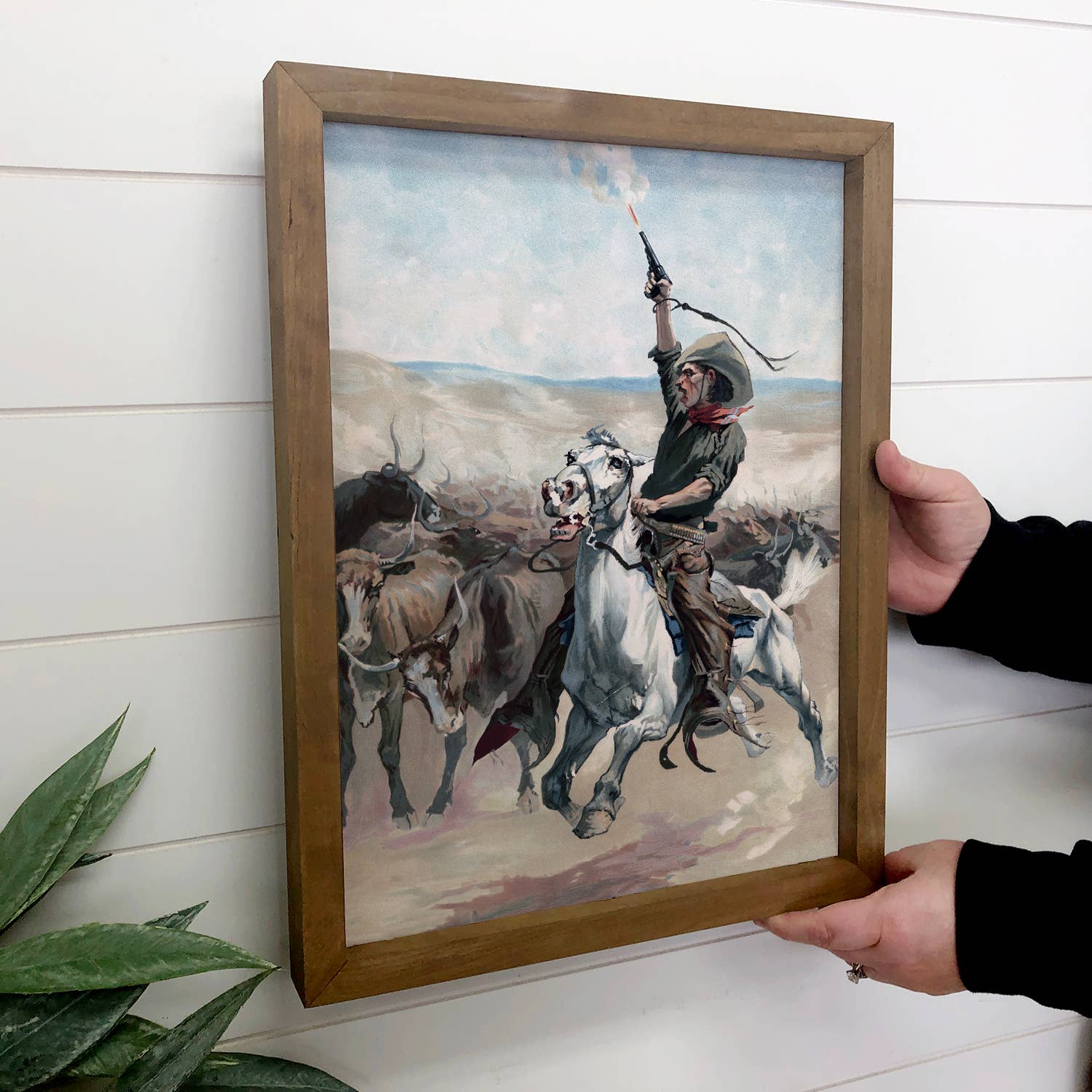 Cowboy Stampede - Cowboy Canvas Art - Wood Framed Wall Art