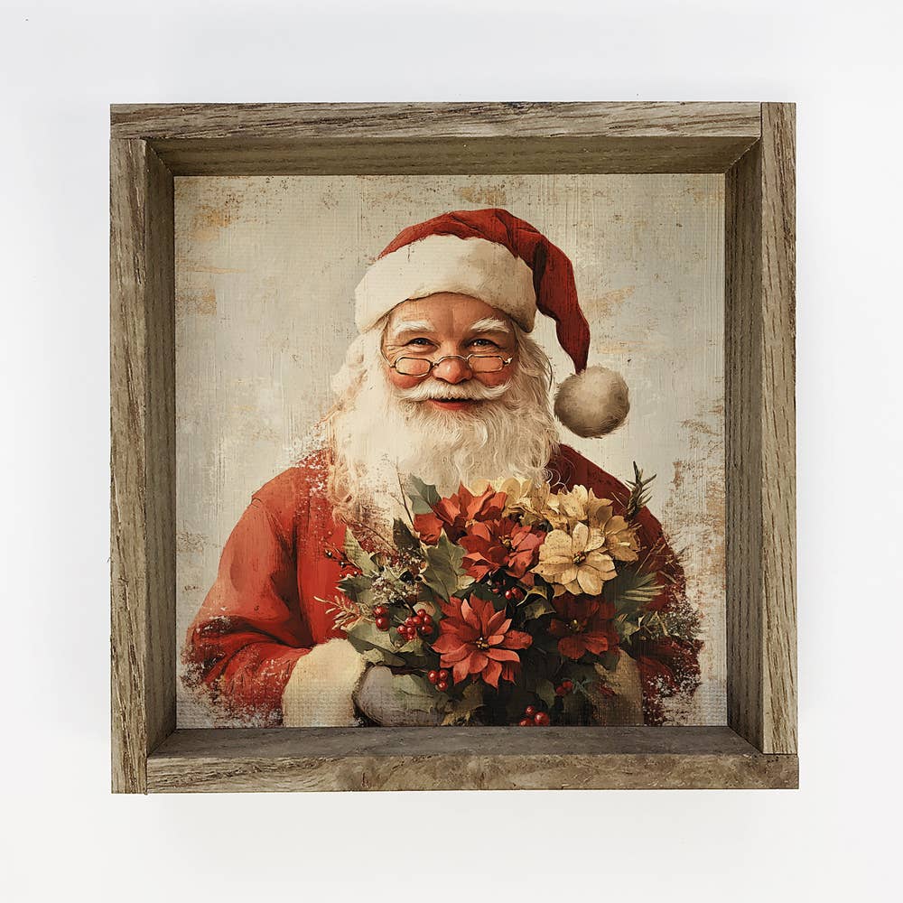 Santa Holding Poinsettias Vintage Print - Santa Canvas Art