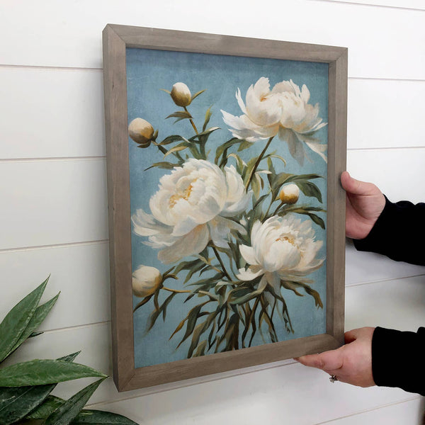 White Peonies Blue Background - Floral Canvas Art -  Framed