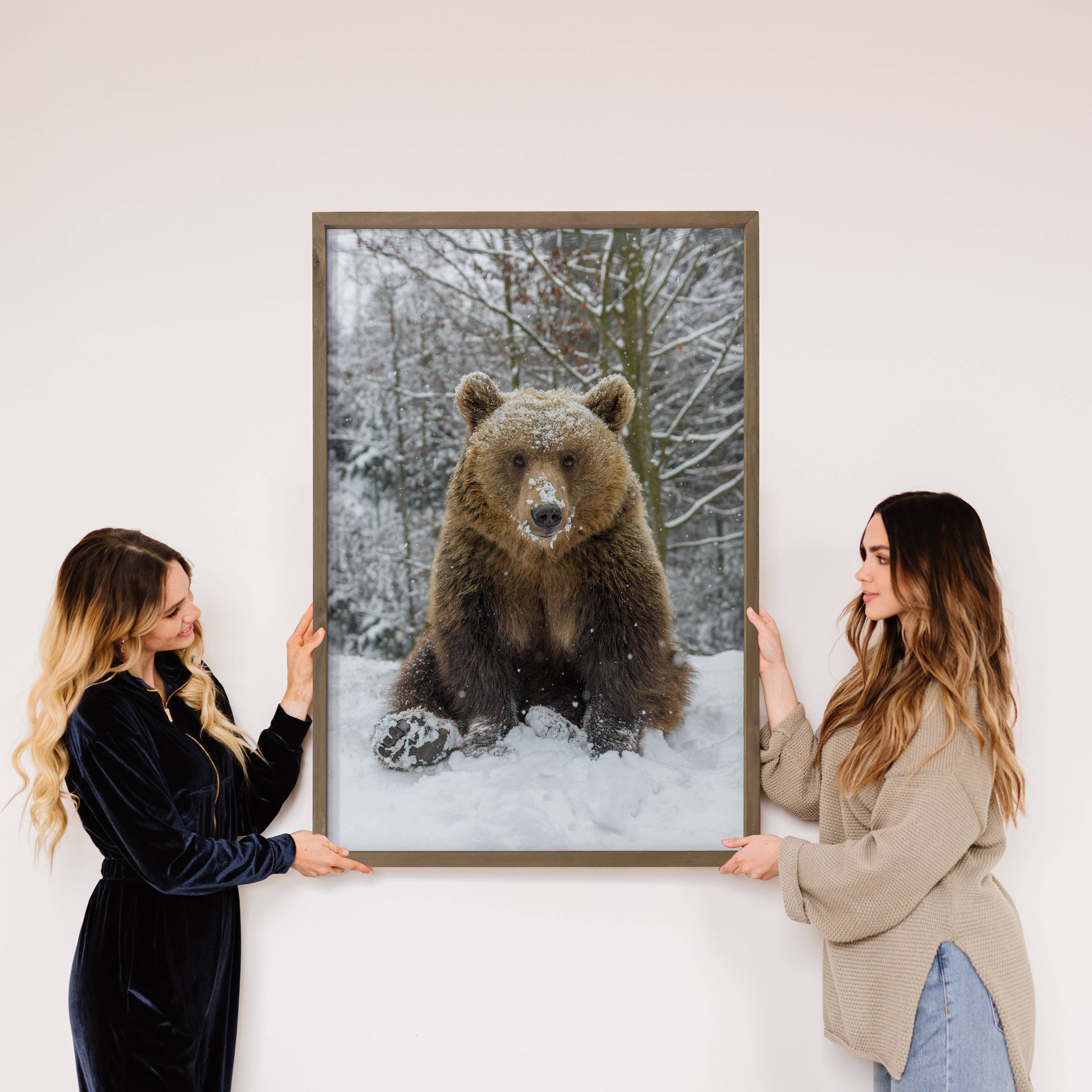 Bear in Snow - Framed Grizzly Photograph - Cabin Wall Decor