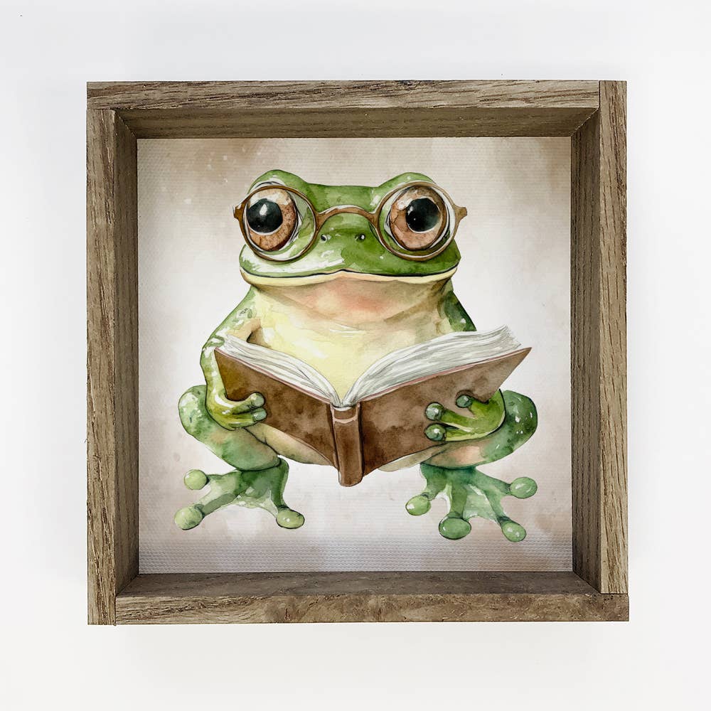 Frog Reading Book - Cute Frog Canvas Art - Wood Framed Art