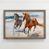 Horses on the Beach - Framed Horses Canvas Art - Beach Decor