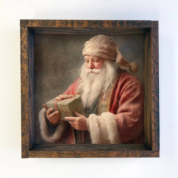 Vintage Santa Holding Gift - Rustic Holiday Canvas Wall Art