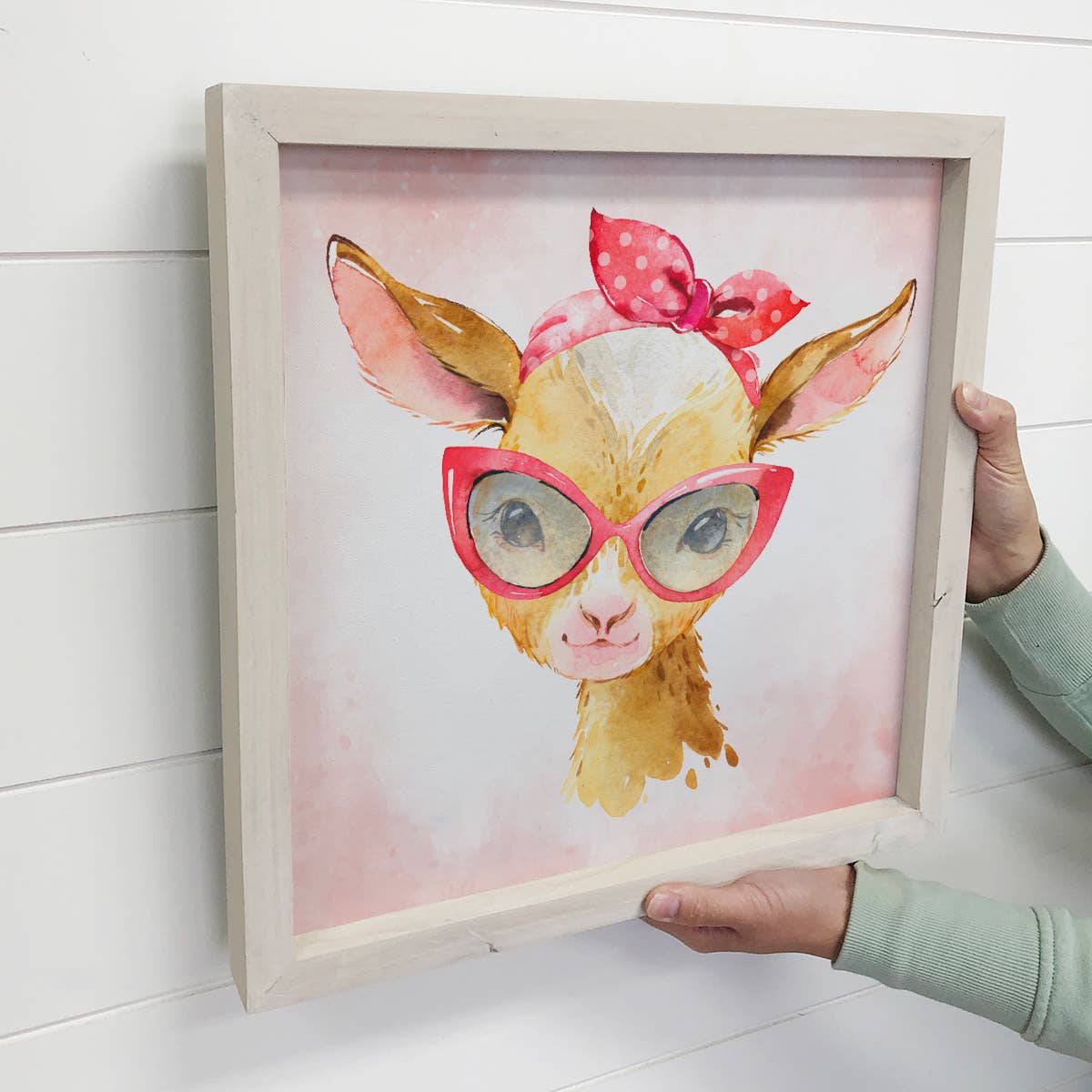 Baby Girl Goat with Sunglasses Whitewash Framed