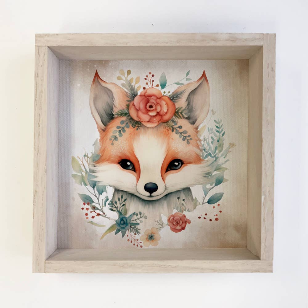 Boho Cute Fox Wall Art - Nursery Canvas Art - Wood Framed