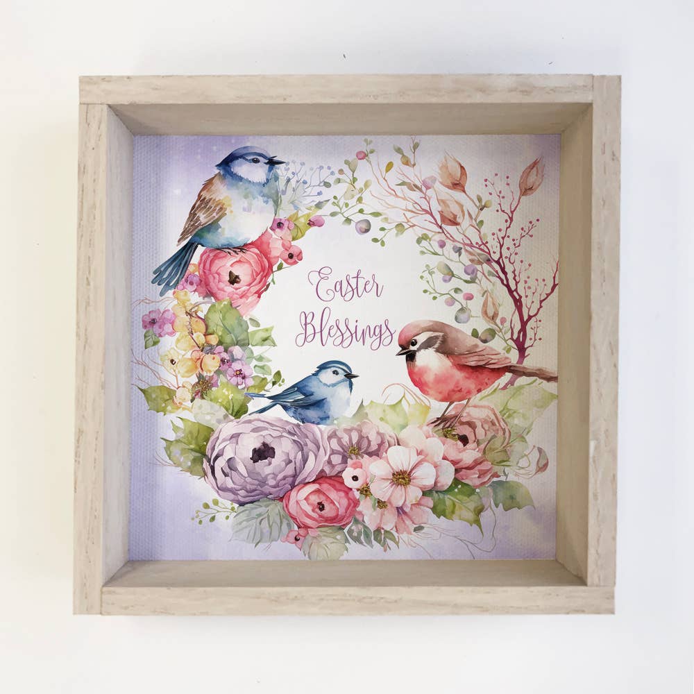 Bird Wreath Easter Blessings - Easter Canvas Art - Framed