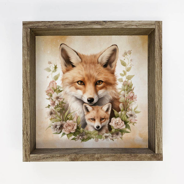Mother Baby Fox Watercolor - Fox Canvas Art - Wood Framed