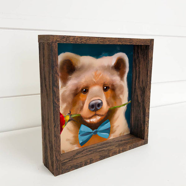 Valentines Day Wood Sign - Bear with A Bowtie & Red Rose