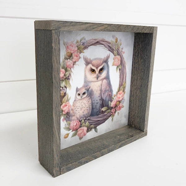 Mother Baby Owl Watercolor - Owl Canvas Art - Wood Framed