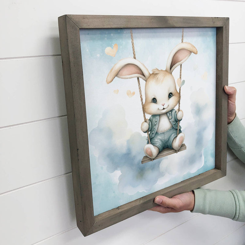 Swinging Baby Bunny - Sweet Bunny Canvas Art - Wood Framed