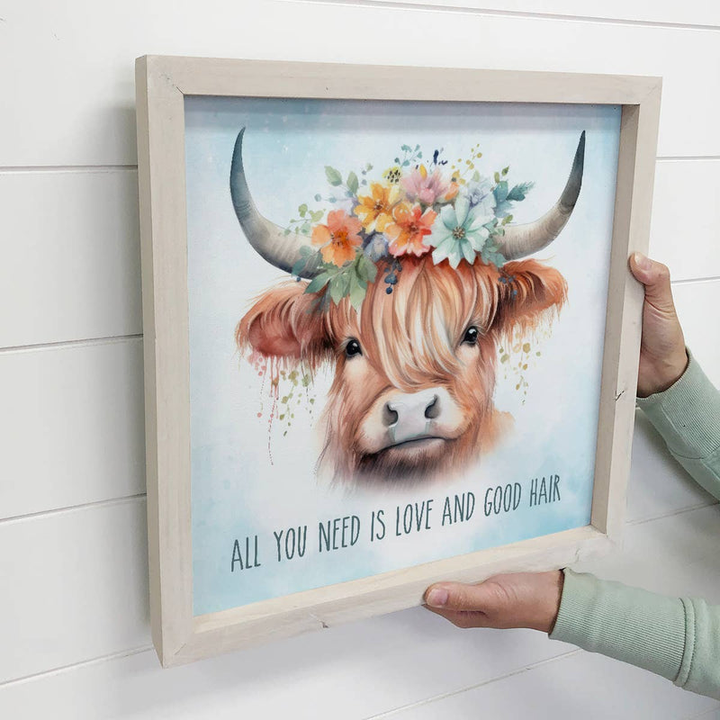 Good Hair Highland Cow - Cute Framed Animal Wall Art - Decor