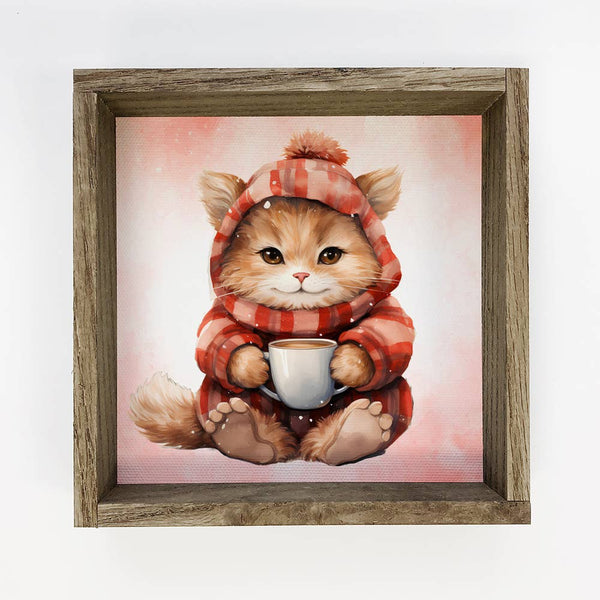 Winter Red Hoodie Cat - Cute Framed Animal Canvas Wall Art
