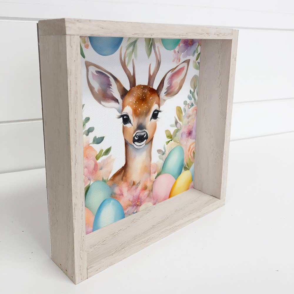 Easter Egg Deer - Cute Deer Easter Canvas Art - Wood Framed