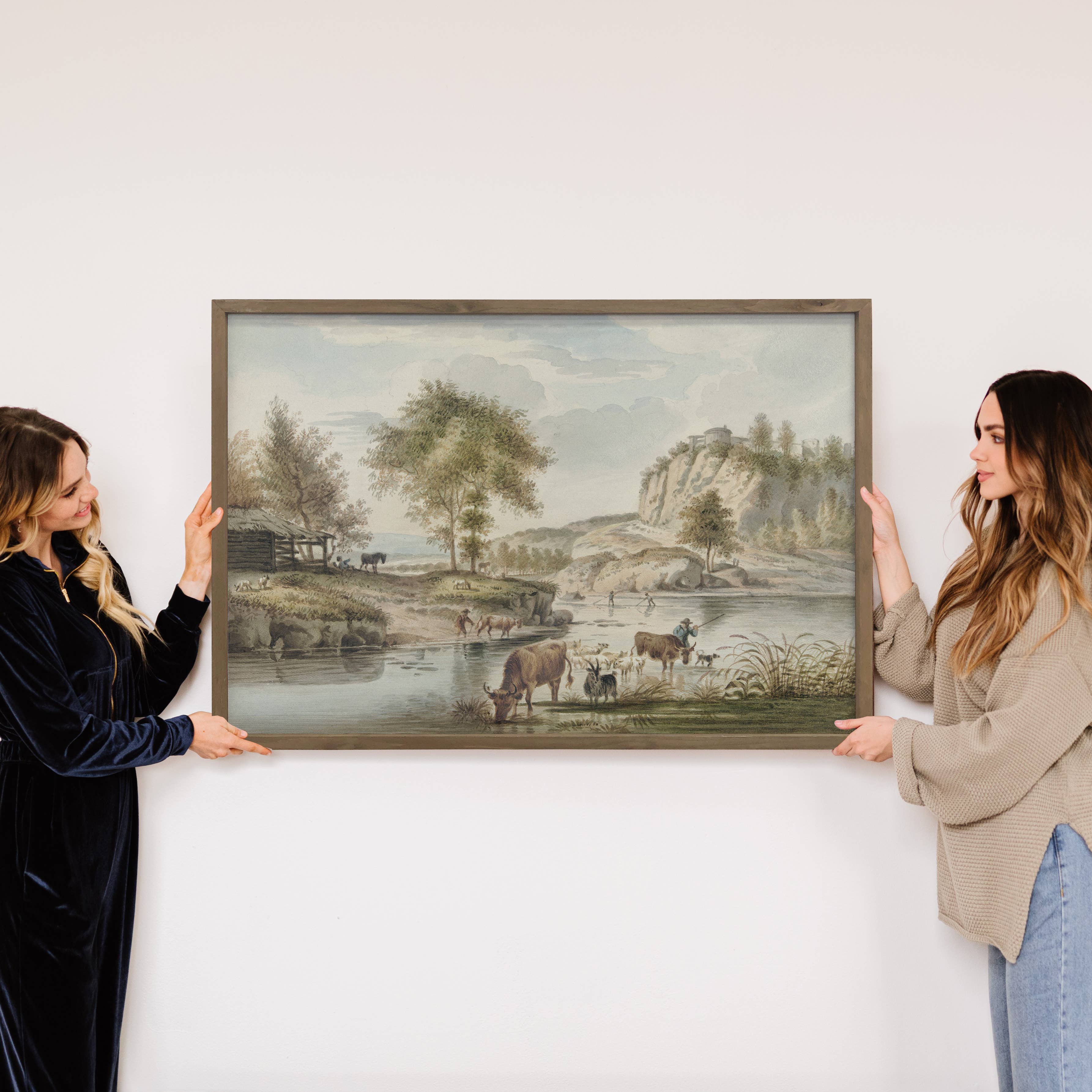 Riverside Famers with Cows - Farmhouse Canvas Art - Framed