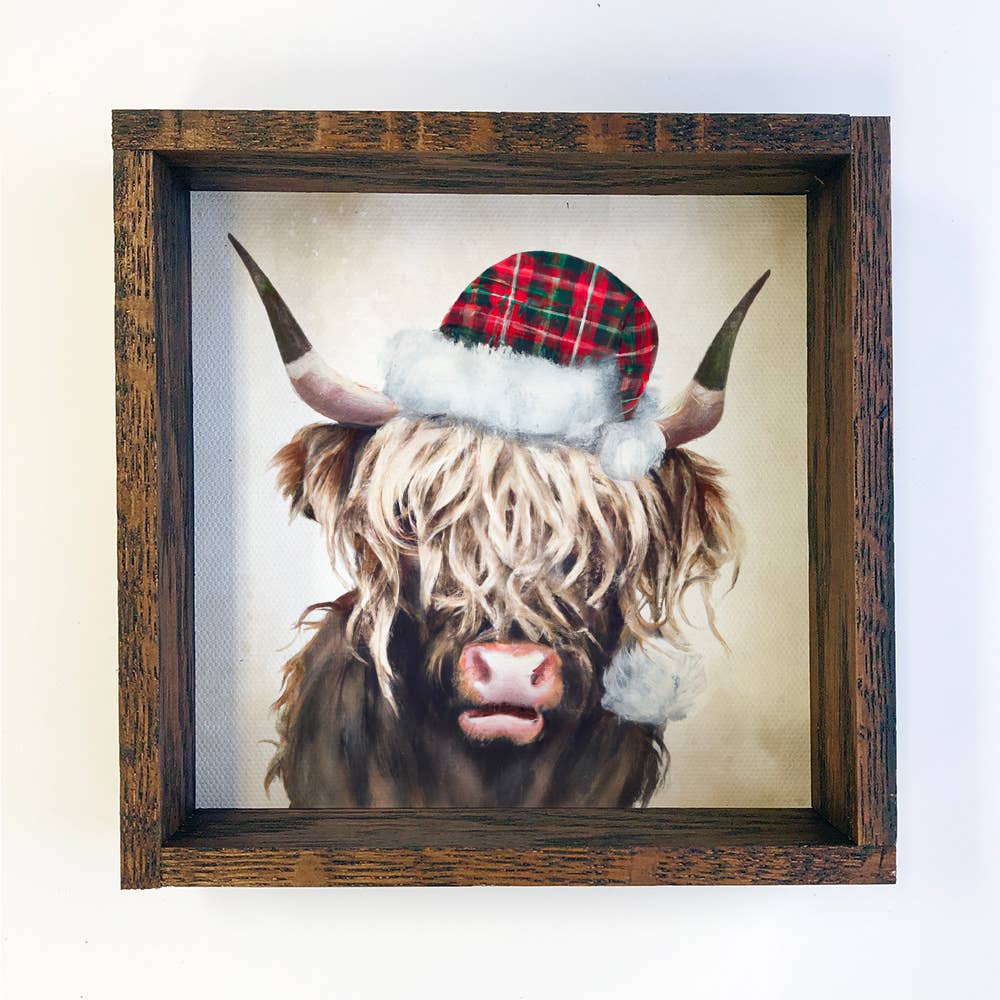 Christmas Sign- Highland Cow Plaid Santa Hat- Christmas SIgn